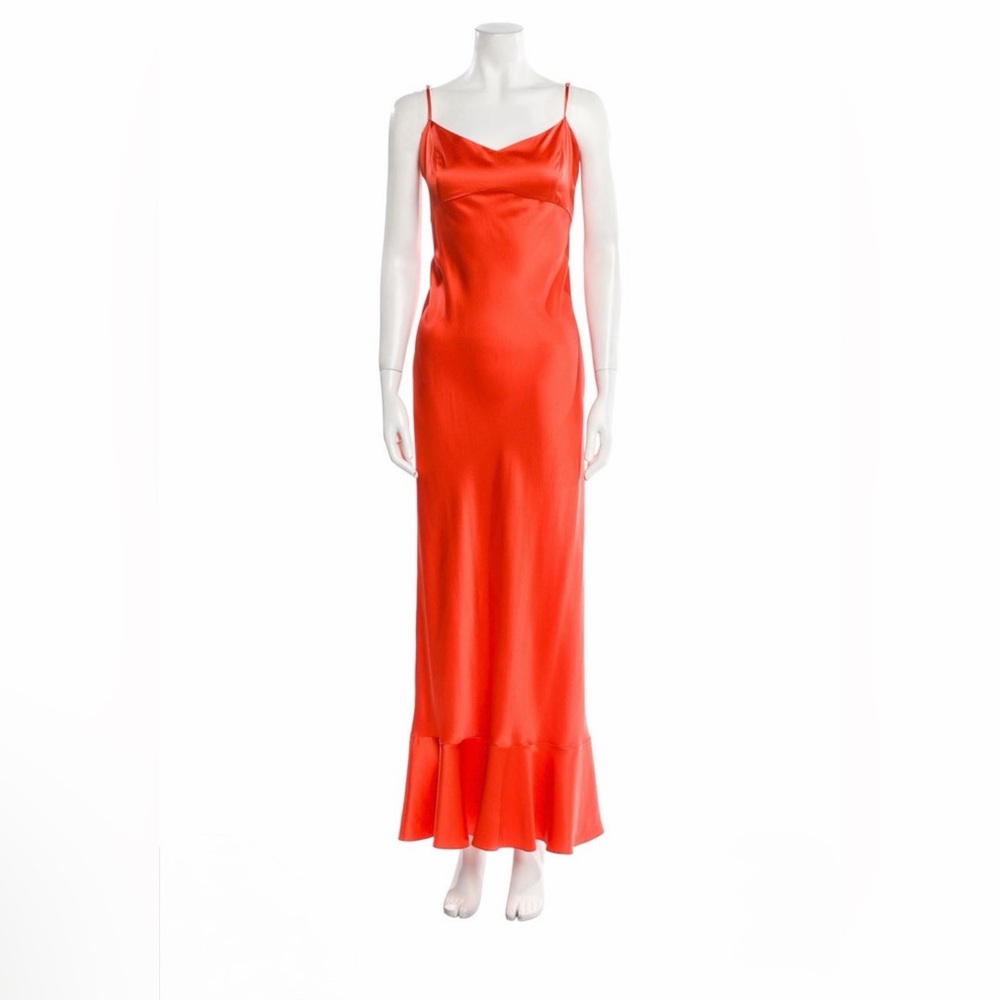 SALONI Orange Satin Slip Maxi Dress with Ruffle Hem
